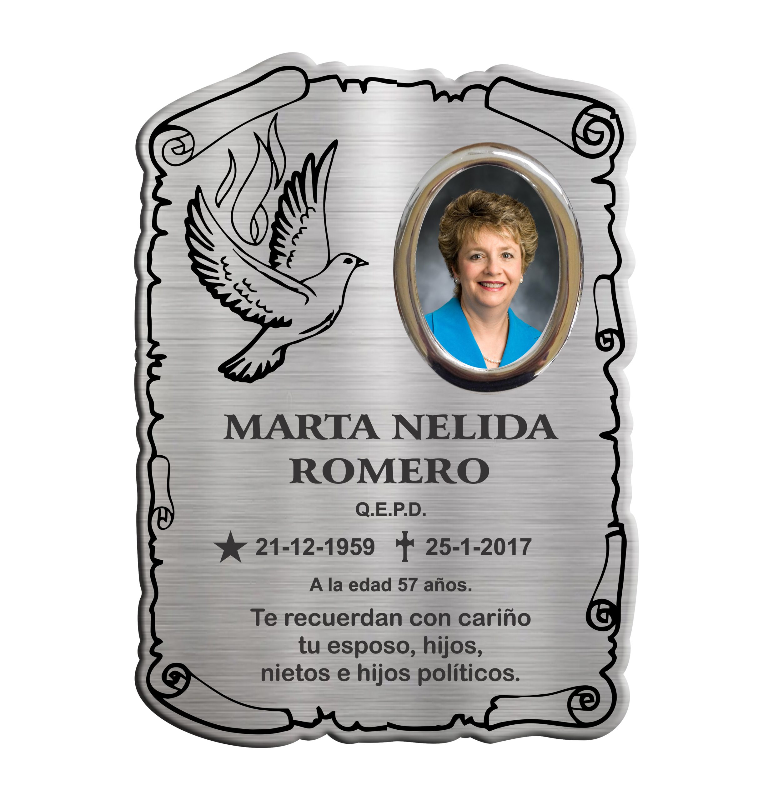 Pergamino Paloma con foto y marco de bronce niquelado 6x9